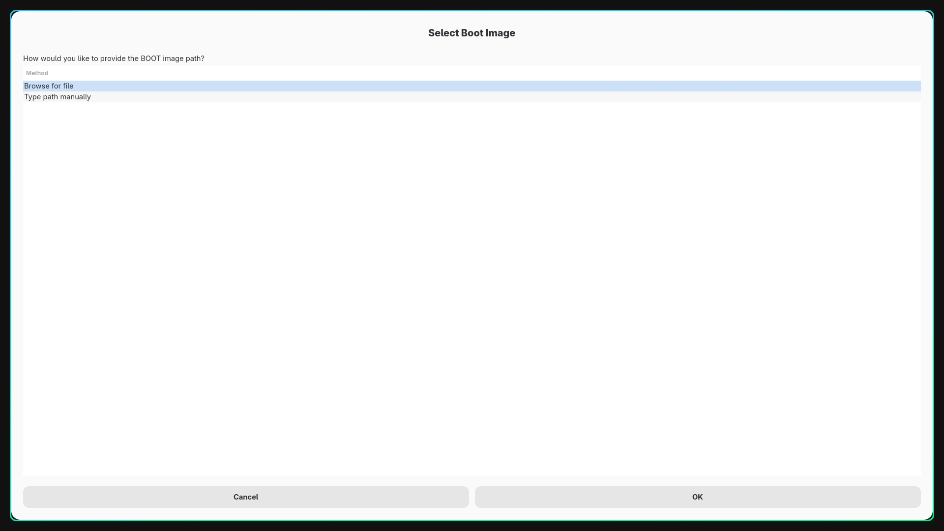 Boot image selection dialog showing browse for file and type path manually options.