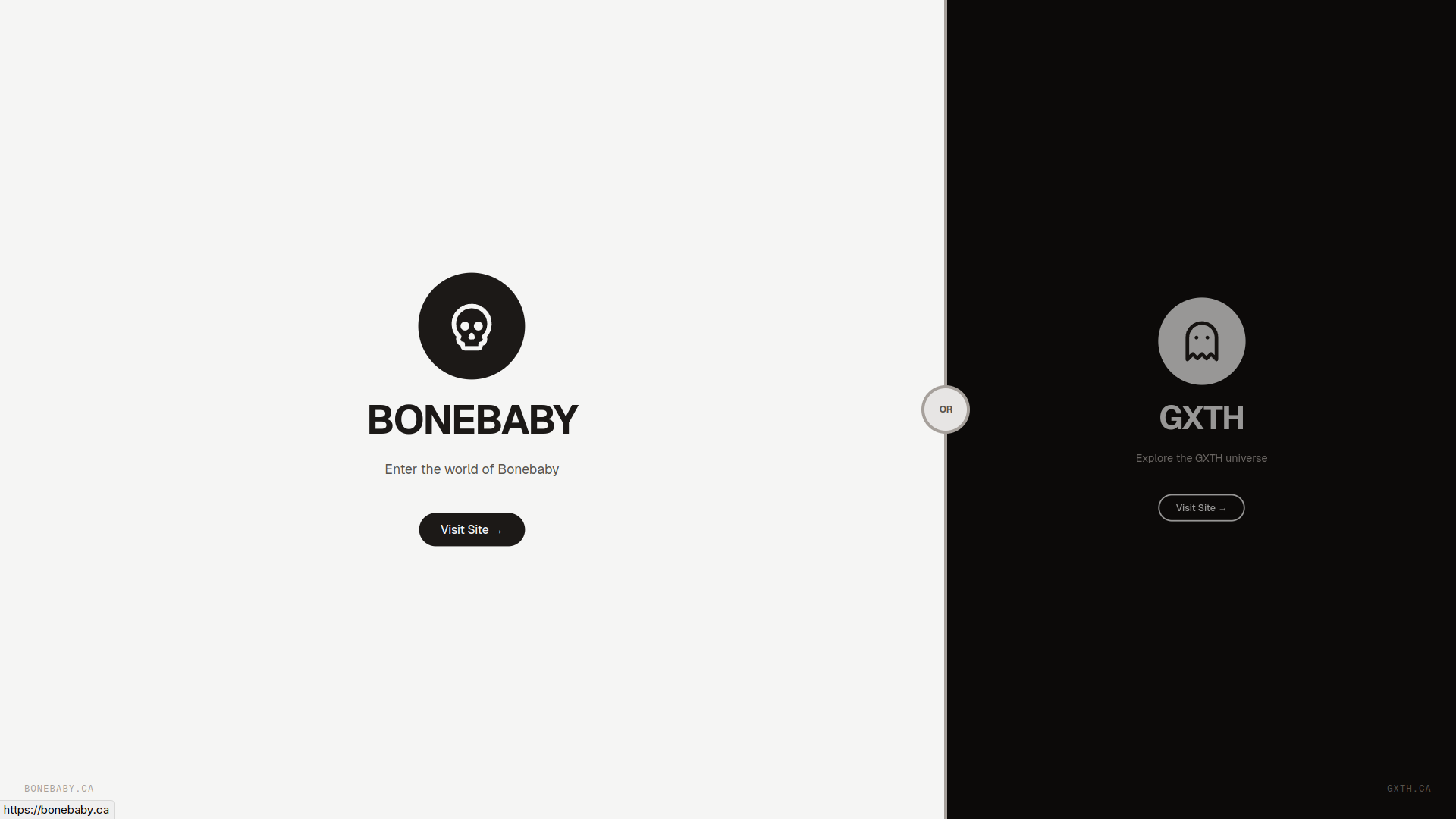 Bonebaby X hover state showing enlarged focus on the Bonebaby side and the visit site call to action.